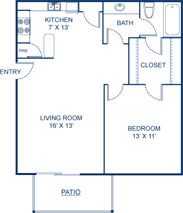 One-bedroom, one-bathroom 709 square foot floor plan at Huntleigh Woods