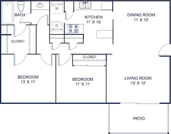Two-bedroom, one-bathroom 1,017 square foot floor plan at Huntleigh Woods