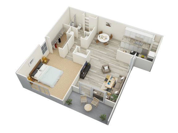 One-bedroom, one-bathroom 790 square foot 3D Magnolia Floor Plan at Hampton House Apartments, Jackson, MS, 39211