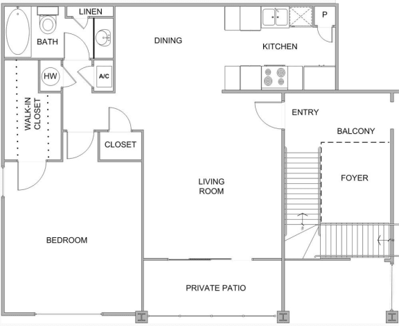 One-bedroom, one-bathroom 790 square foot Magnolia Floor Plan at Hampton House Apartments, Jackson, MS, 39211