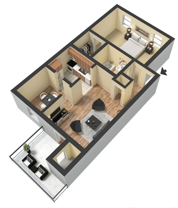 Meridian 1 bedroom 1 bathroom floor plan at Reserve at Midtown Apartments, Tallahassee, 32303