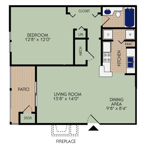 One bedroom 780 square foot apartment floor plan at Stillwater at Grandview Cove, South Carolina, 29680