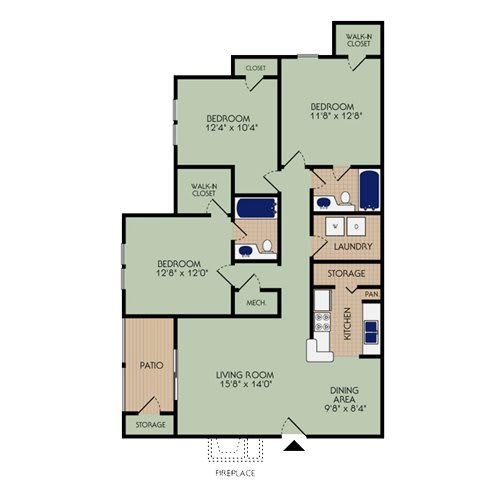 3x2 1227 square foot apartment floor plan at Stillwater at Grandview Cove, Simpsonville, 29680