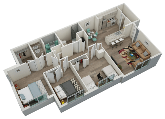 3D 3-bedroom, 2-bathroom apartment floor plan at San Marcos Heights
