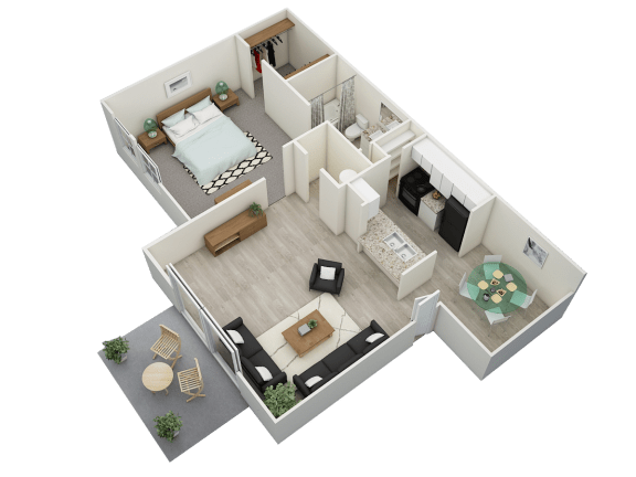 3D Floor Plan of 1-bedroom 1-bath 650 square foot apartment at Southern Oaks in Mobile, AL