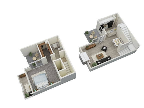 3D floor plan of 1-bedroom 1-bath 760 square foot townhome at Southern Oaks in Mobile, AL
