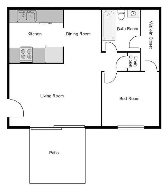 Floor Plan  Southwood Gardens 1 bedroom 1 bath floor plan with kitchen, dining room, deck, and living room