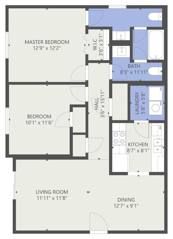 Floor Plan  978 square foot 2 bed 1.5 bath Ashton Floor Plan at The Madison Franklin