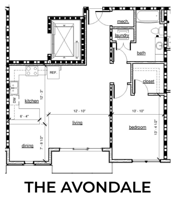 Floor Plan  The Avondale 1x1 855 square foot floor plan