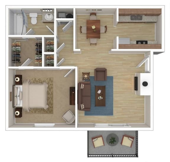 3D 1-bedroom, 1-bathroom apartment floor plan