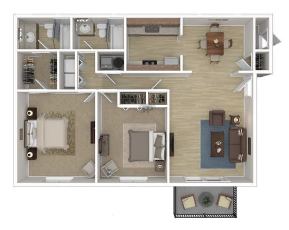 3D 2-bedroom, 2-bathroom floor plan