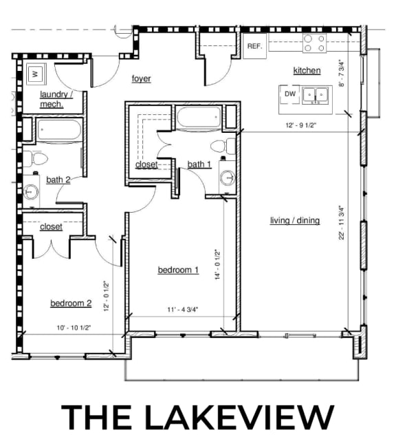 The Lakeview 2x2 1,125 square foot floor plan