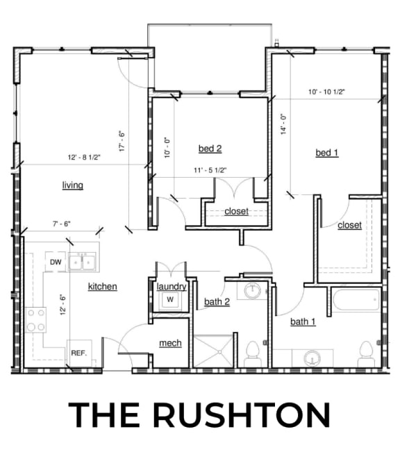 Floor Plan  The Rushton 2x2 1125 square foot floor plan at Rise Lakeview Apartments in Birmingham, AL