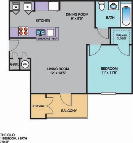 The Silo 1 bedroom, 1 bathroom  778 square foot floor plan at The Point at Fairview Apartments, Prattville, AL, 36066