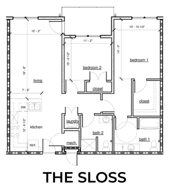 Floor Plan  The Sloss 2x2 1,107 square foot floor plan at Rise Lakeview Apartments in Birmingham, AL