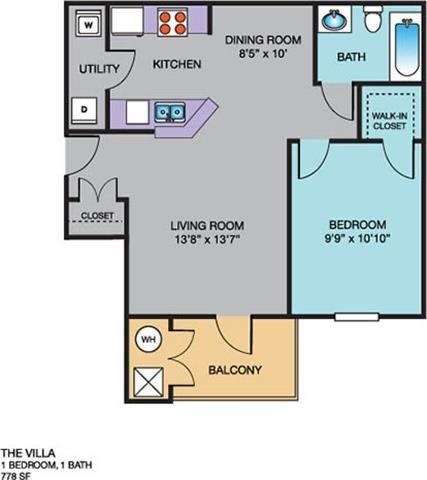 The Villa 1 bedroom, 1 bathroom  778 square foot floor plan at The Point at Fairview Apartments, Prattville, AL