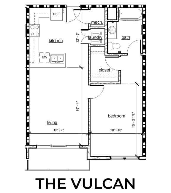 The Vulcan 1x1 741 square foot floor plan