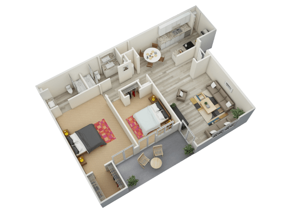 Two bedroom, two bathroom 1040 square foot 3D Willow Renovated Floor Plan at Hampton House Apartments, Jackson, MS