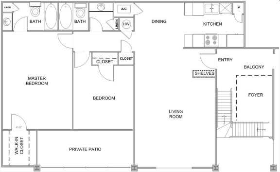 Two bedroom, two bathroom 1040 square foot Willow Floor Plan at Hampton House Apartments, Jackson, MS