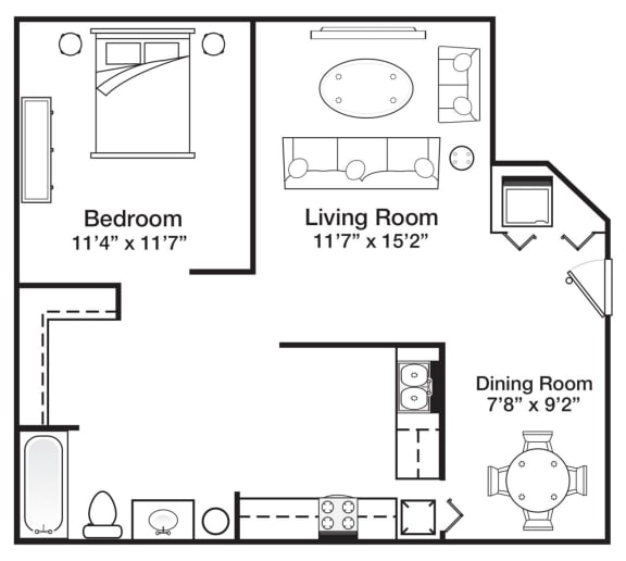 One Bedroom One Bathroom Studio Floor Plan