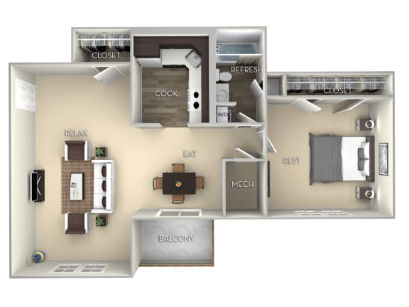 735 Square-Feet Boxwood Tuscarora Creek  1 bedroom 1 bath furnished floor plan apartment in Leesburg VA