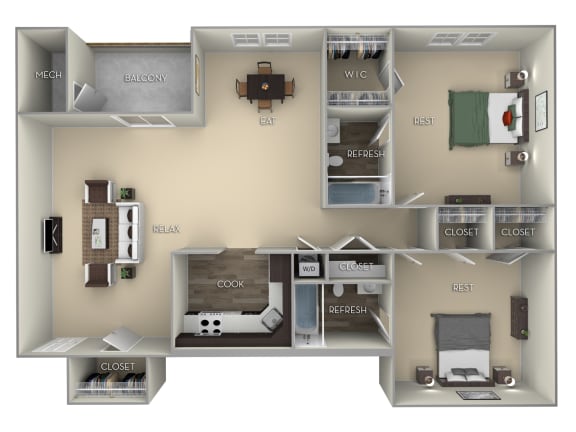 Floor Plan  1069 Square-Feet Catoctin Tuscarora Creek  2 bedroom 2 bath furnished floor plan apartment in Leesburg VA