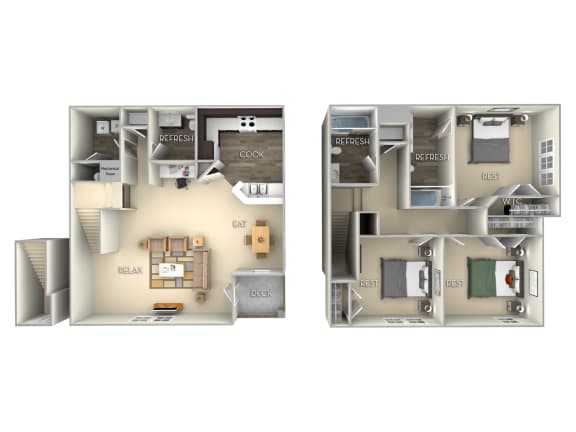 Cedar Town Home Woodland Park 3 bedroom 2.5 bath furnished floor plan apartment in Herndon VA