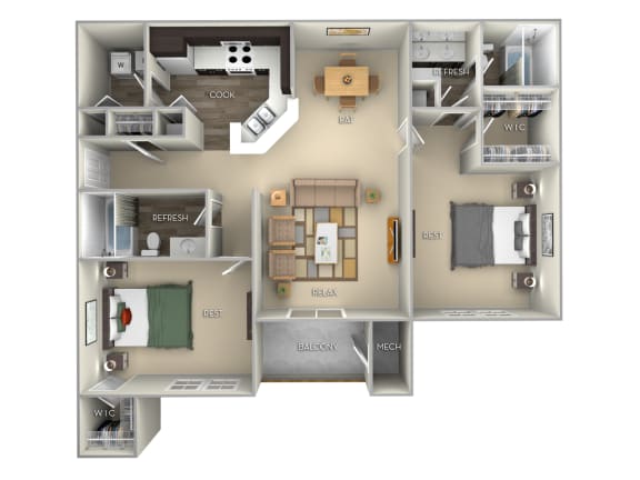 Chestnut Woodland Park 2 bedroom 2 bath furnished floor plan apartment in Herndon VA