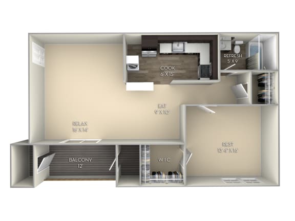 One Bed One Bath Floor Plan at Middletown Valley, Middletown, 21769