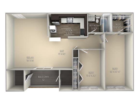 2 Bedroom 1 Bathroom Floor Plan at Middletown Valley, Middletown, MD, 21769