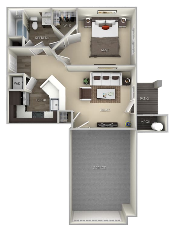 874 Square-Feet The Oak Broadlands 1 bedroom 1 bath furnished floor plan at Broadlands, Virginia, 20148