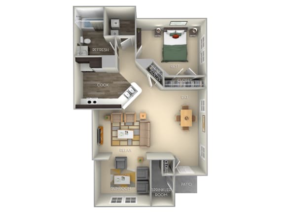 Floor Plan  Oak Woodland Park 1 bedroom 1 bath furnished floor plan apartment in Herndon VA