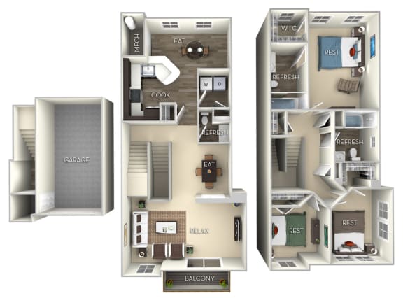 Spruce TH Broadlands 3 bedroom 2.5 bath furnished floor plan at Broadlands, Ashburn, VA, 20148