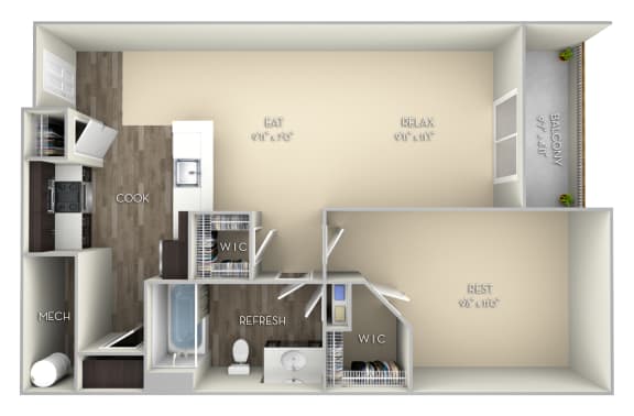Patterson Kensington Place 1 bedroom 1 bath unfurnished floor plan apartment B Patterson Kensington Place 1 bedroom 1 bath unfurnished floor plan apartment B at Kensington Place, Woodbridge, Virginia