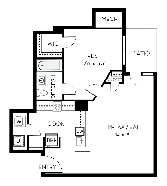 Washington Barrington Park 1 bedroom 1 bath floor plan apartment at Barrington Park Apartments, Manassas, 20110