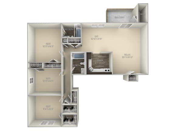 1157 SF Willowcroft Tuscarora Creek  3 bedroom 2 bath unfurnished floor plan apartment in Leesburg VA