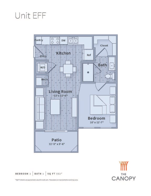 Floor Plan  Efficiency 1 bedroom apartment