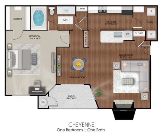Apartment layout of 850 sq ft one bedroom Tucson floor plan at Limestone Ranch Apartments in Lewisville, TX