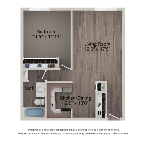 Clover One Bedroom One Bathroom Floor Plan at Willow Crossing, Elk Grove Village, Illinois