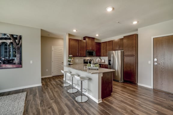 Luxury apartment with dark cabinetry and granite countertops at Ascend at Woodbury MN 55129 new luxury apartments