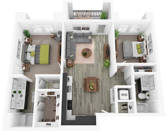 2 Bedroom 2 Bathroom A Floor plan with 877 square feet at Citron Apartment Homes in Riverside, CA