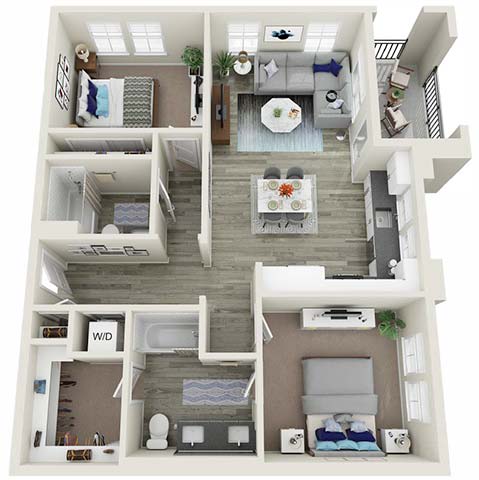 2 Bedroom 2 Bathroom B Floor plan with 971 square feet at Citron Apartment Homes in Riverside, CA