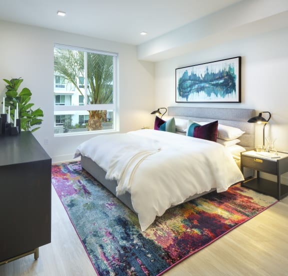 Modern bedroom with a large windows luxurious Q Topanga Woodland Hills California