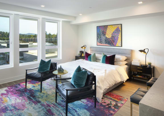Bedroom with tall windows Luxurious High End The Q Topanga Woodland Hills California