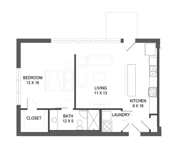 1 bedroom 1 bathroom Floor plan F at The Mobile Lofts, Alabama