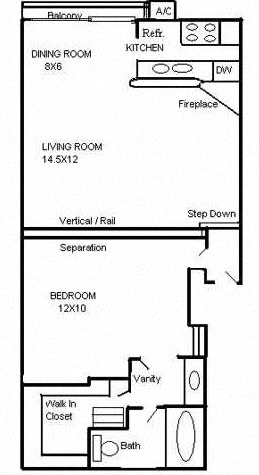 Floor Plan  Clarington Apartments 1 bedroom 1 bath floorplan