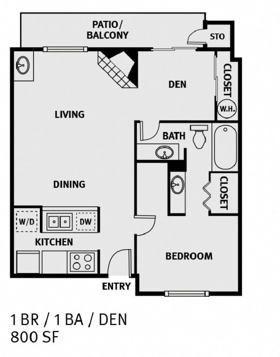 Floor Plan  Oakwood Creek Apartments 1 bedroom 1 bathroom plus den floor plan