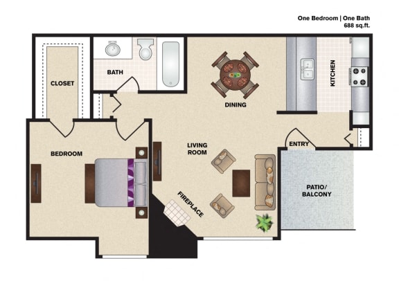 Floor Plan  Hidden Oaks Apartment Homes One Bedroom One Bathroom floor plan
