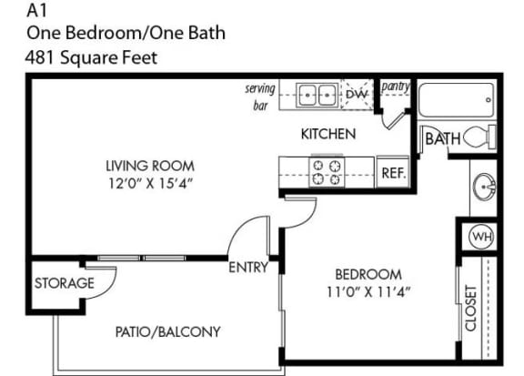 Floor Plan  Trails of Walnut Creek 1 Bedroom 1 Bathroom A-1 Floorplan