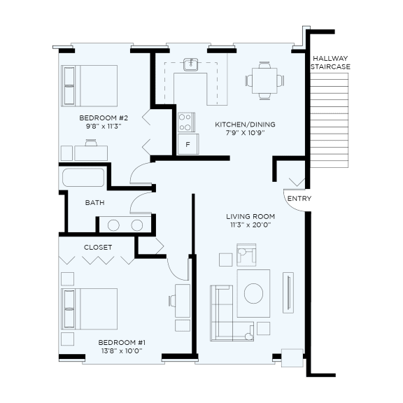 Floor Plan 2 Bedroom, 1 Bathroom